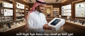 رجل أعمال سعودي ينظر إلى جهاز لوحي يعرض تقييمات العملاء وشهادات الجودة